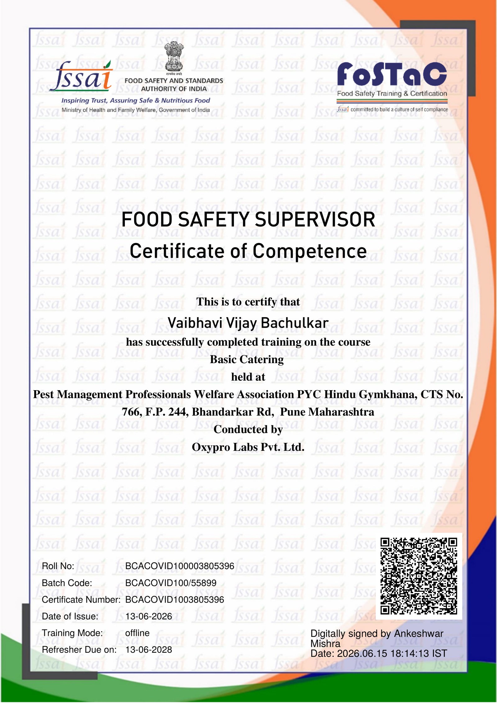 FSSAI FoSTaC Food Safety Supervisor — Certificate of Competence awarded to Vaibhavi Vijay Bachulkar, valid until June 2028